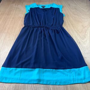 Enfocus Women Dress 16W Navy Blue Teal Colorblock Tie Waist Sleeveless